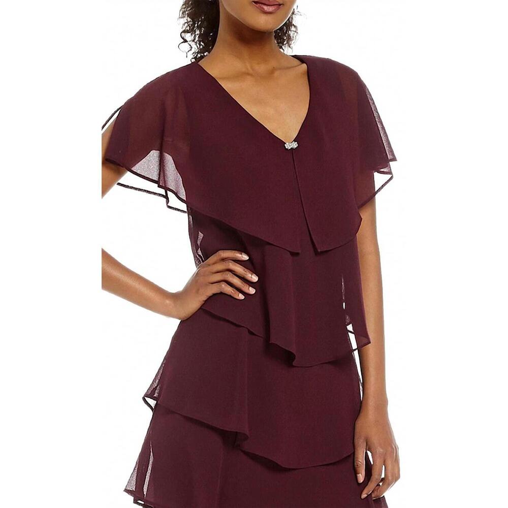 NEW SLNY georgette tiered capelet dress in fig - Picture 3 of 4
